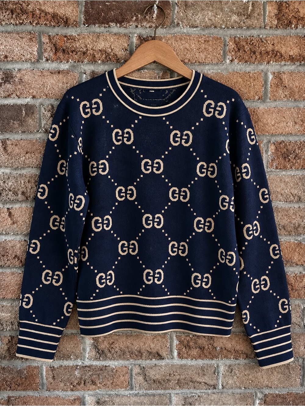 TheShineReal Navy Gold Metallic Monogram Knit Sweater Wool Blend